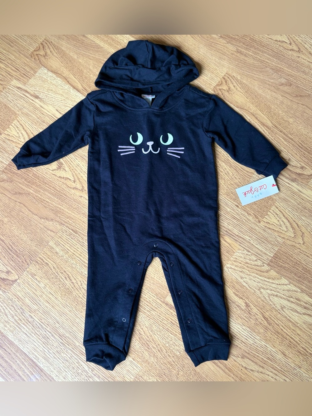 Cat & Jack Black Hooded Cat Face One-Piece Jumpsuit Lounge Halloween Fall Sz 12M